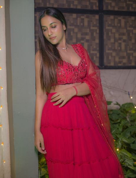 Red Tiered Mirror Work Lehenga Set