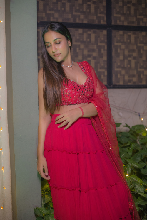 Red Tiered Mirror Work Lehenga Set