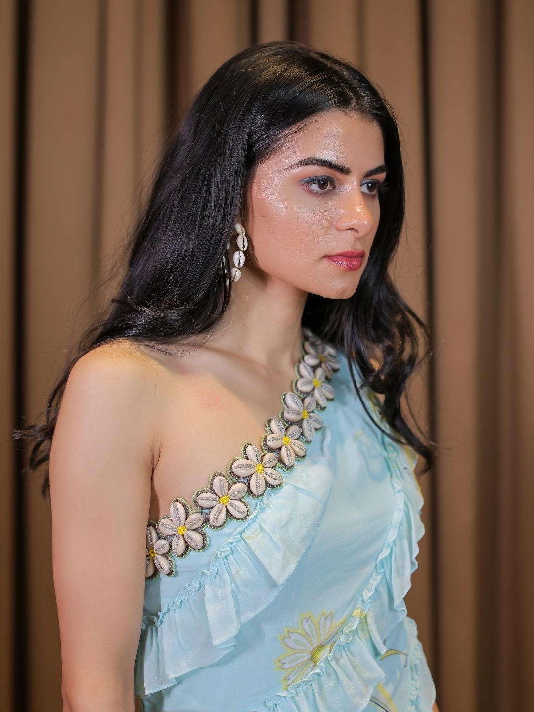 Blue Embroidered One Shoulder Ruffle Dress