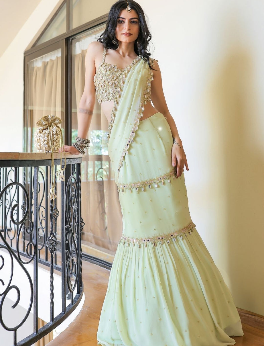 Mint Green Embroidered Mumtaz Saree Set
