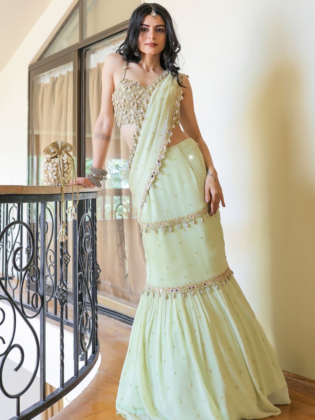 Mint Green Embroidered Mumtaz Saree Set