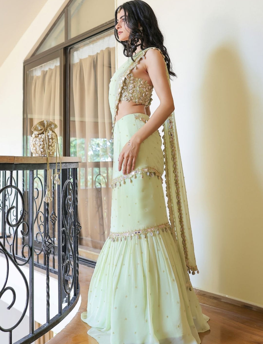 Mint Green Embroidered Mumtaz Saree Set