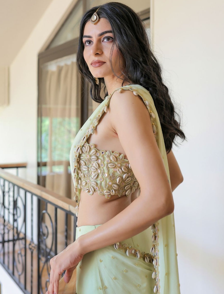 Mint Green Embroidered Mumtaz Saree Set