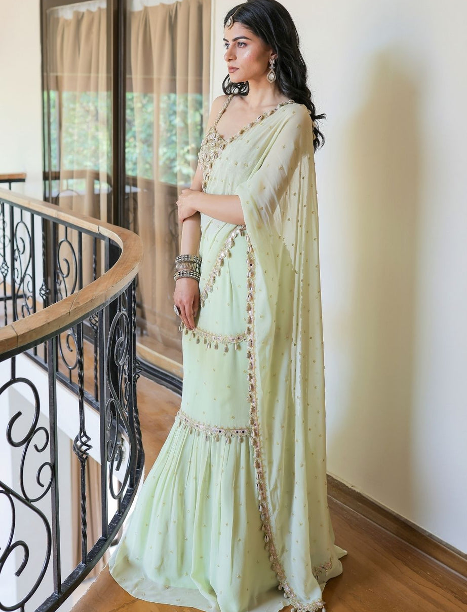 Mint Green Embroidered Mumtaz Saree Set