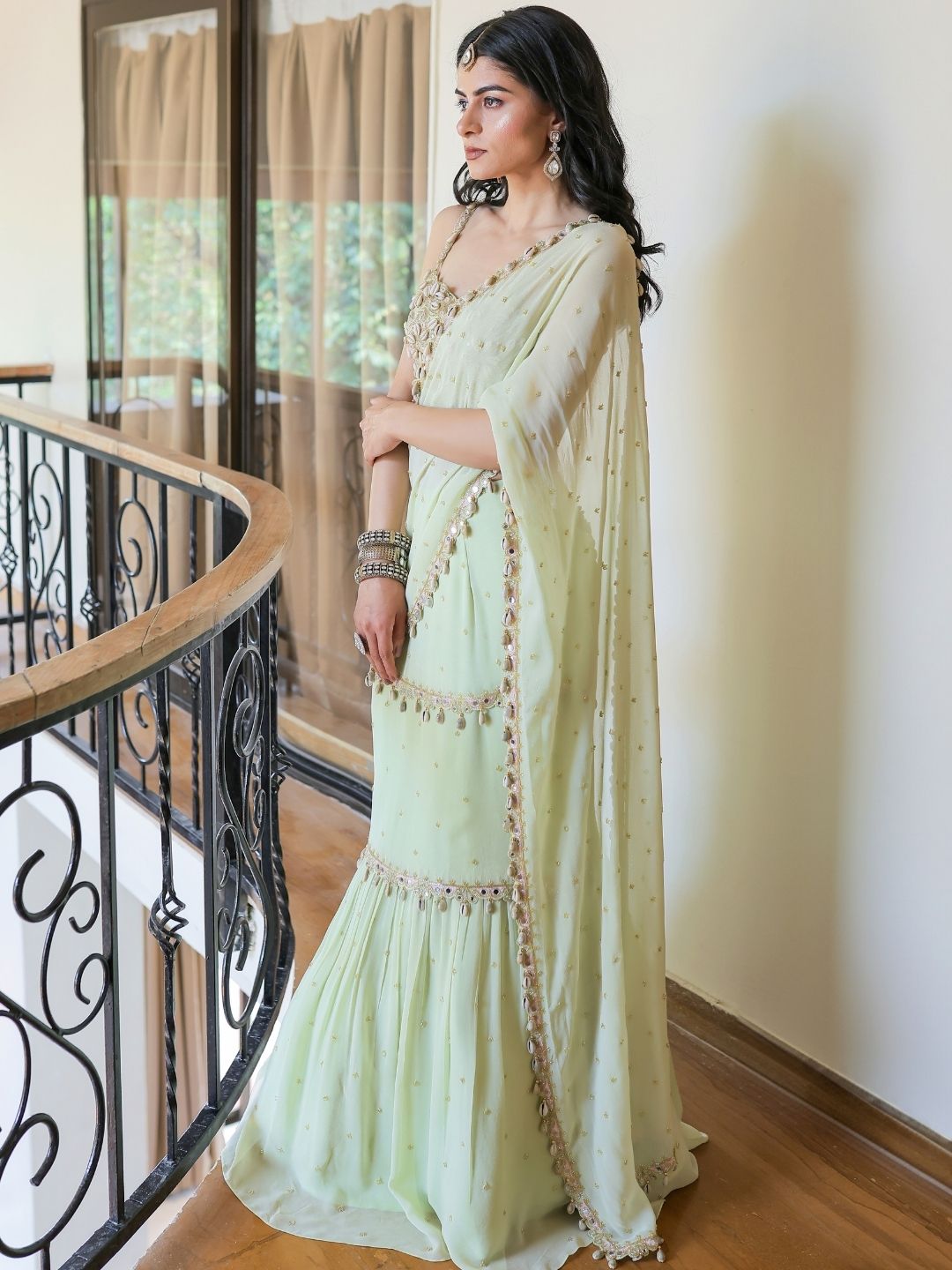 Mint Green Embroidered Mumtaz Saree Set