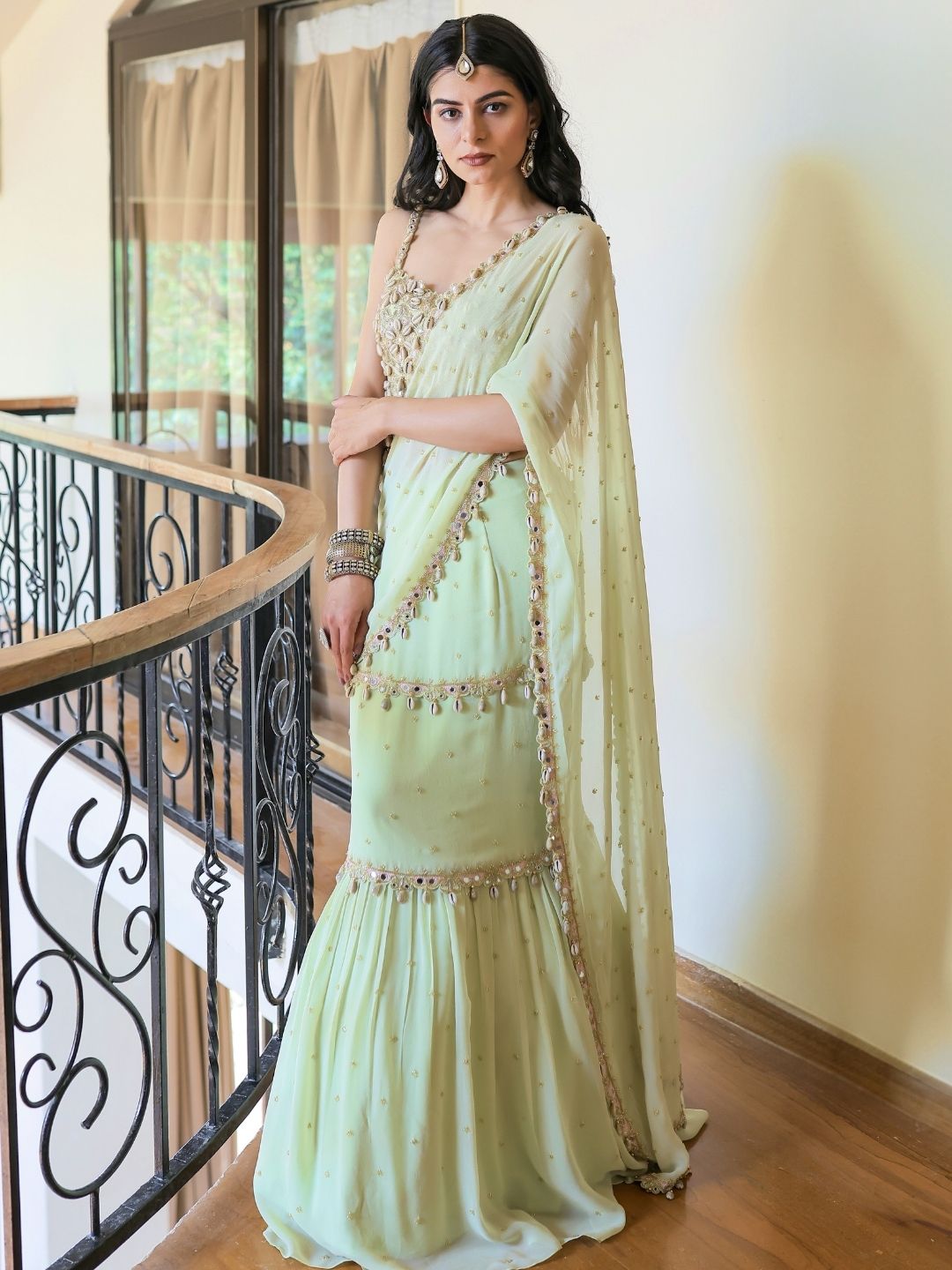 Mint Green Embroidered Mumtaz Saree Set
