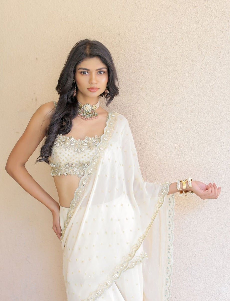 Cream Embroidered Mumtaz Saree Set (S)