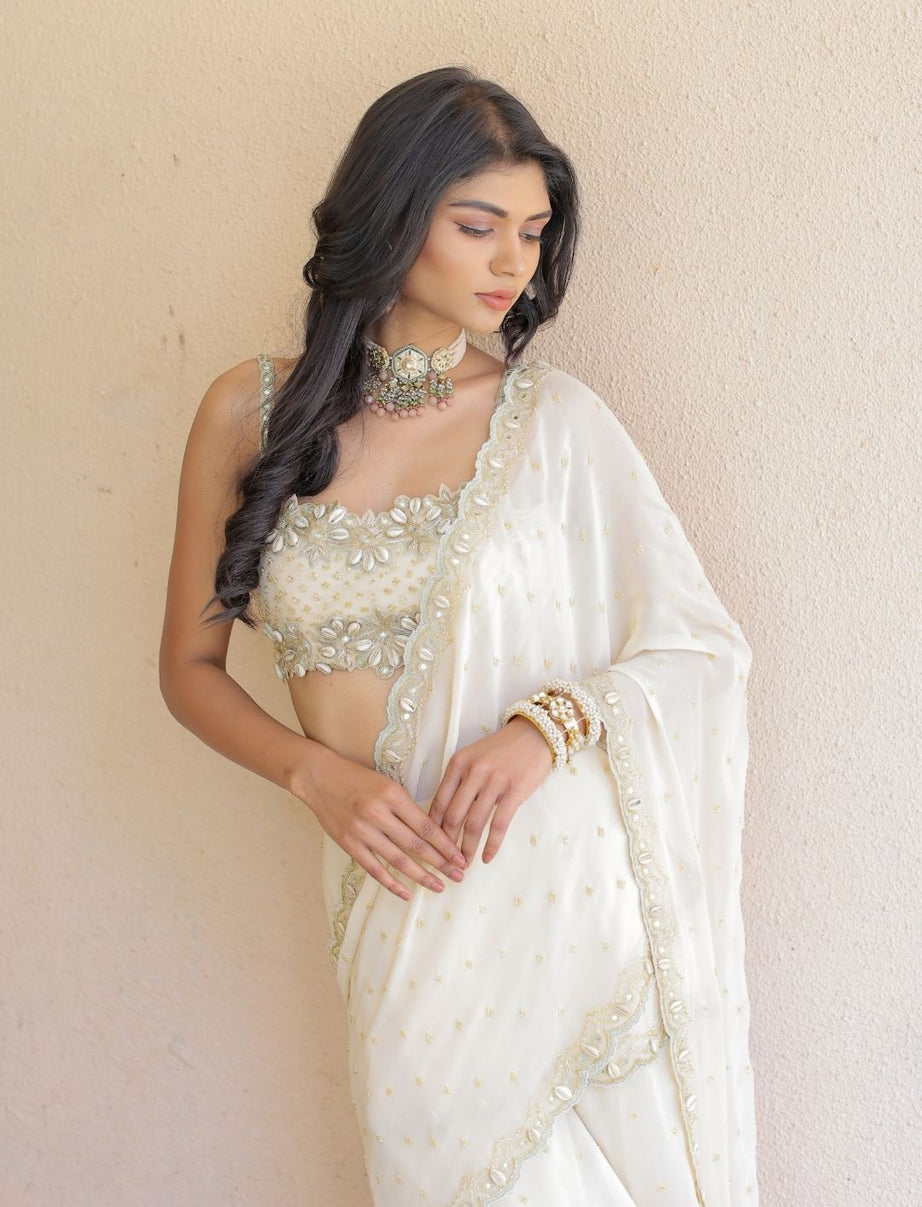 Cream Embroidered Mumtaz Saree Set