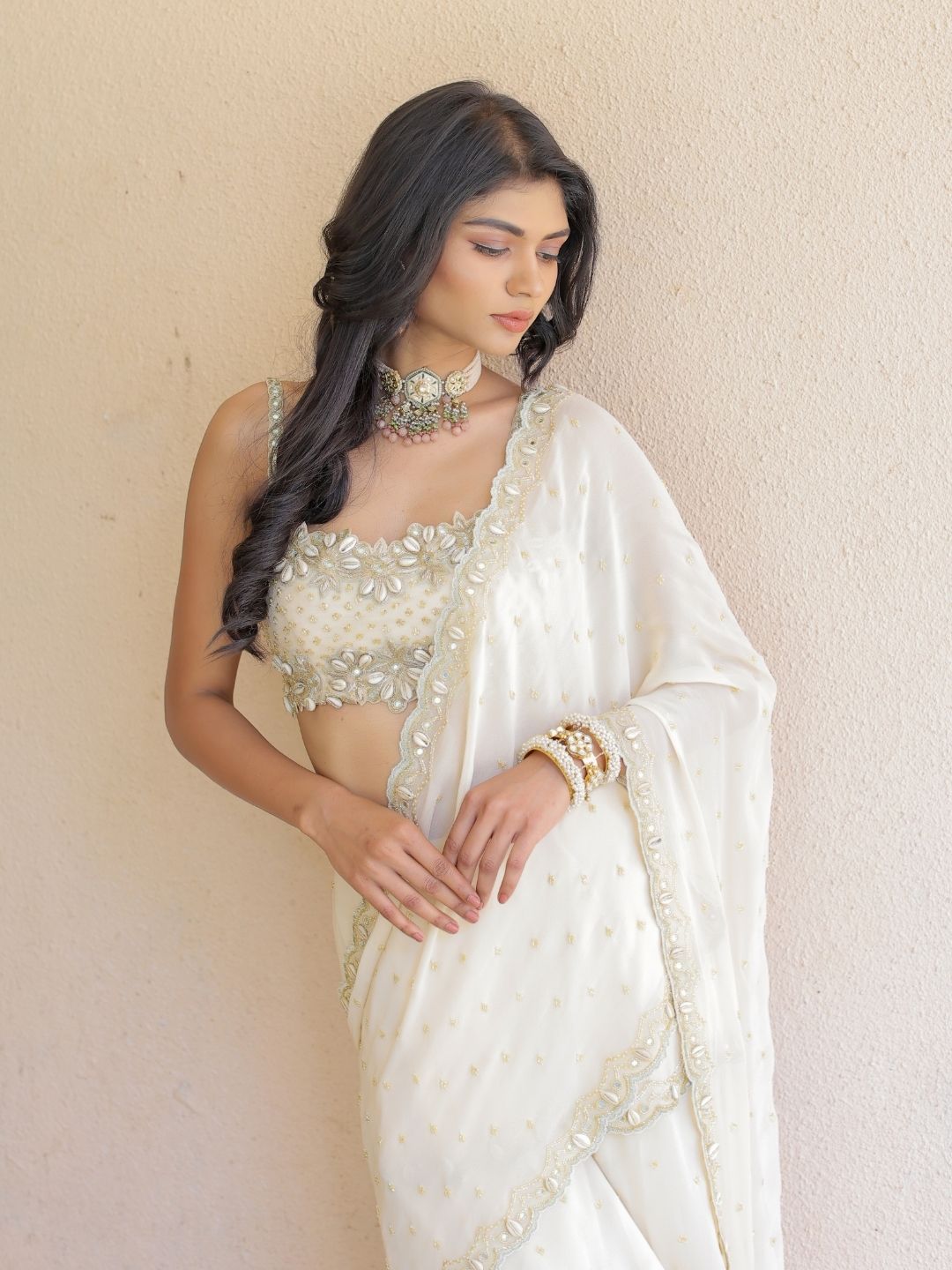 Cream Embroidered Mumtaz Saree Set