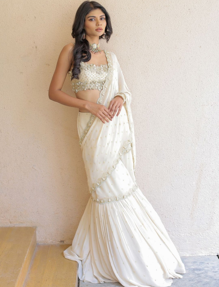 Cream Embroidered Mumtaz Saree Set