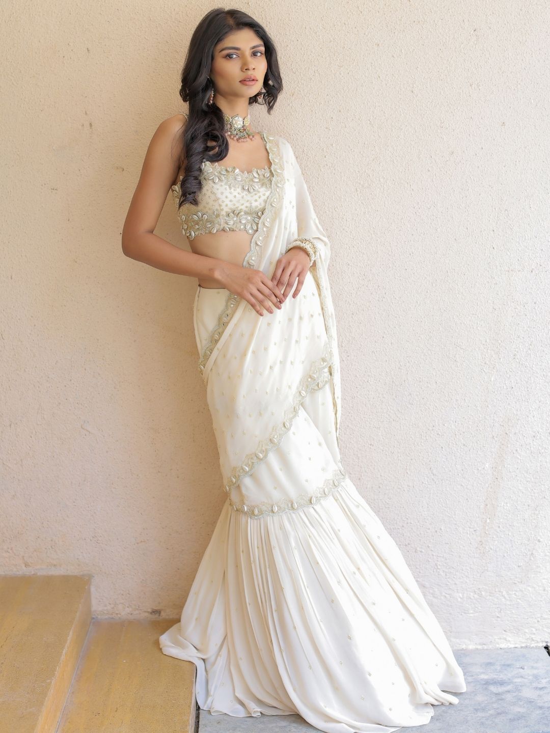 Cream Embroidered Mumtaz Saree Set