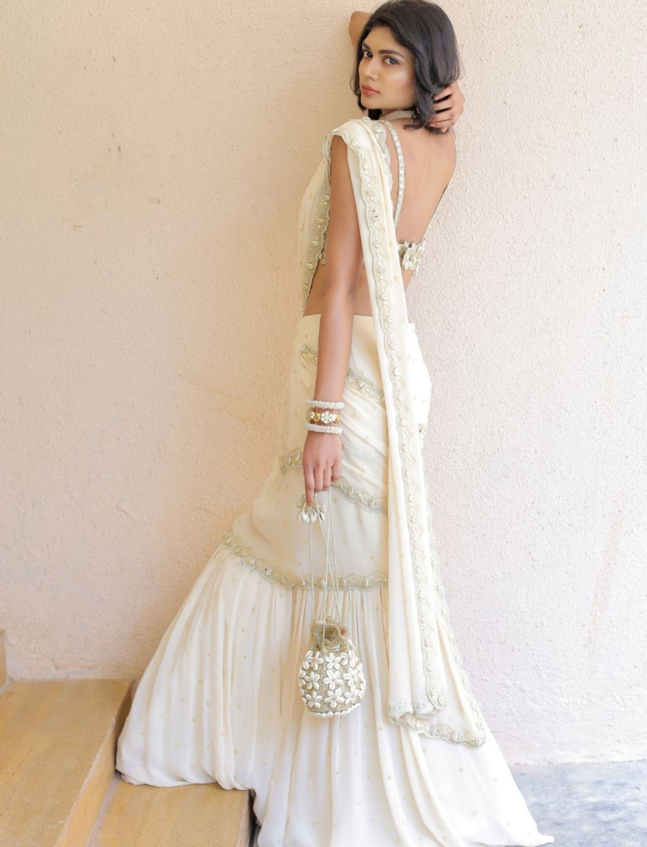 Cream Embroidered Mumtaz Saree Set