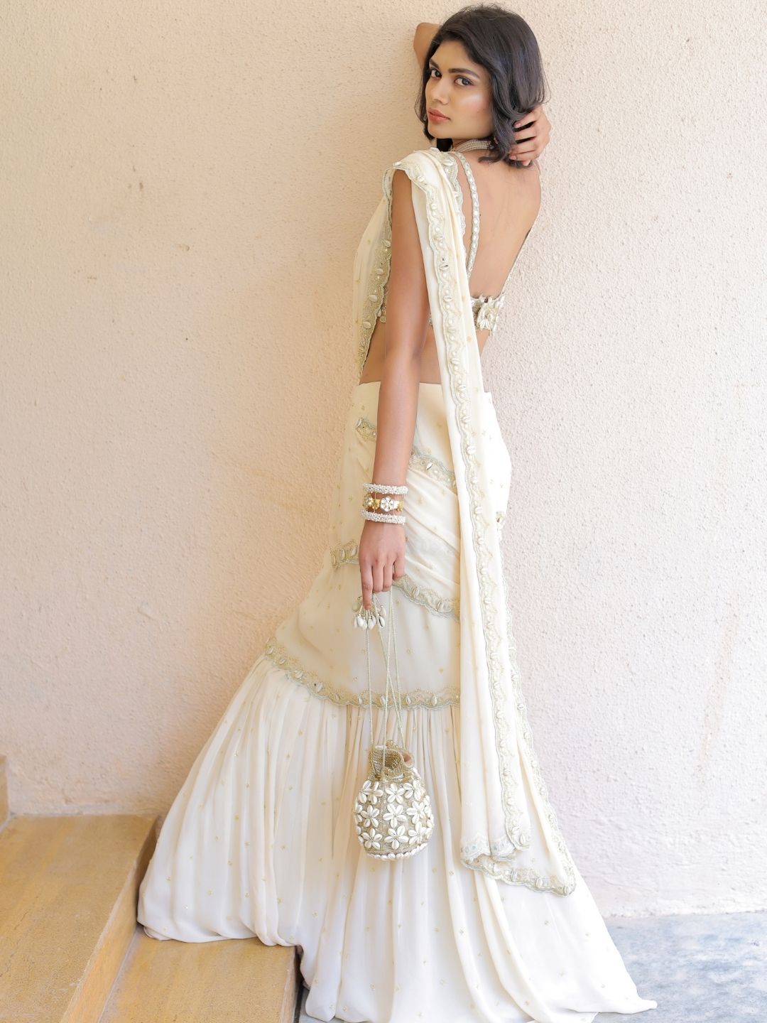 Cream Embroidered Mumtaz Saree Set