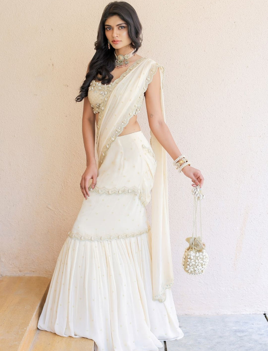 Cream Embroidered Mumtaz Saree Set