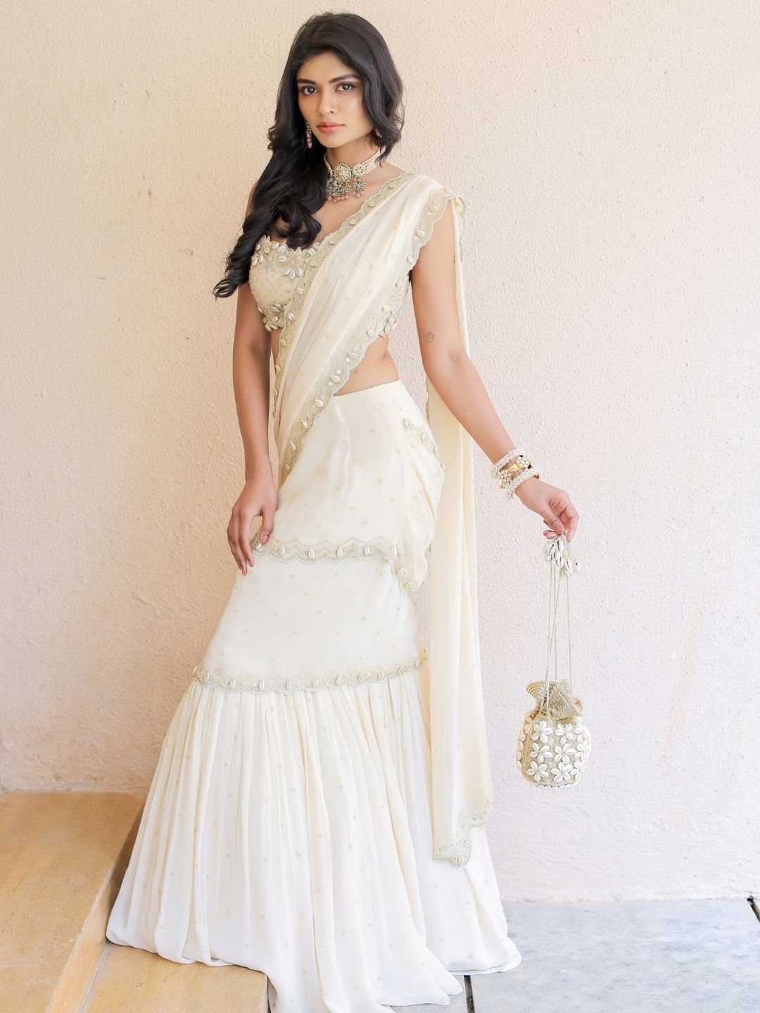 Cream Embroidered Mumtaz Saree Set