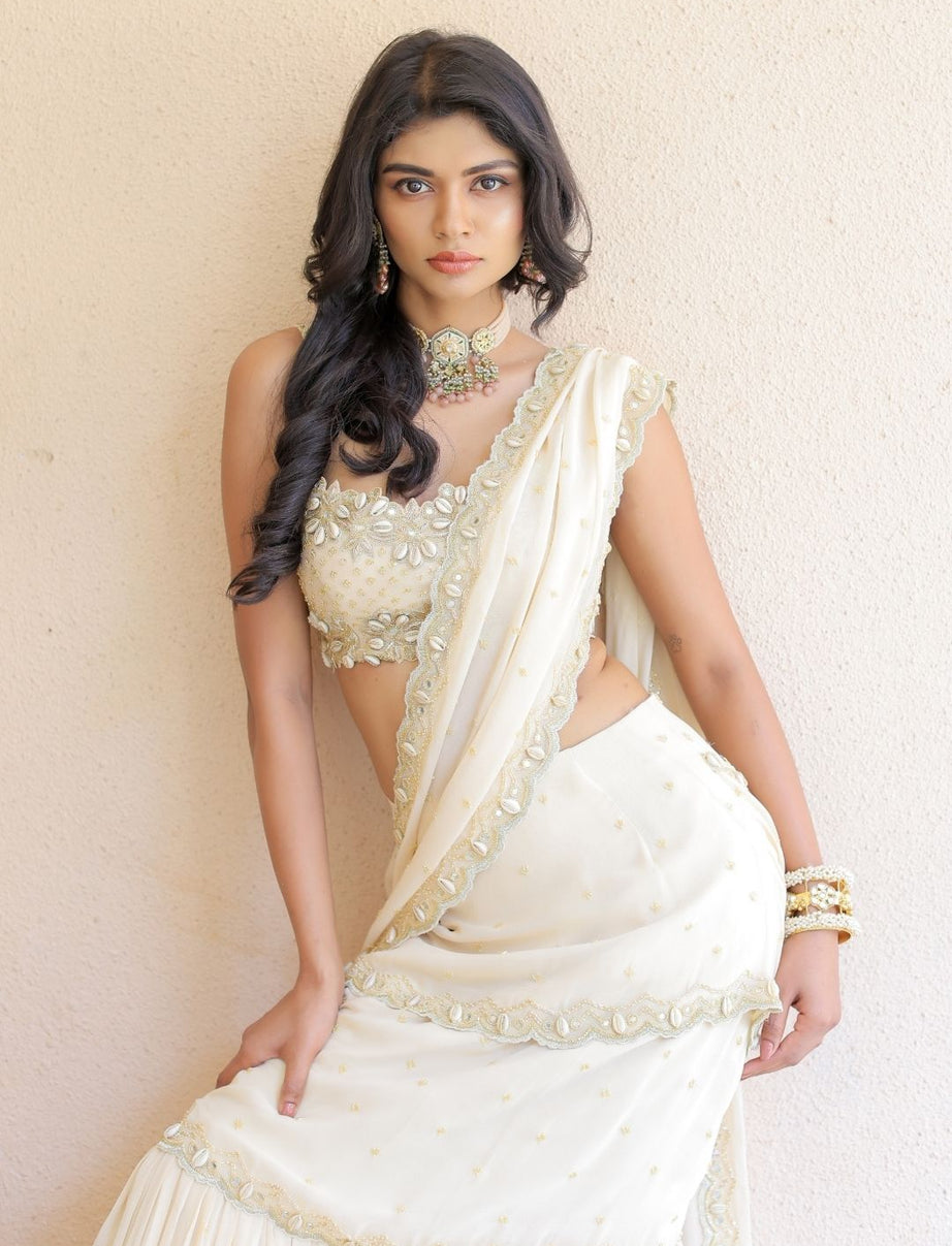 Cream Embroidered Mumtaz Saree Set