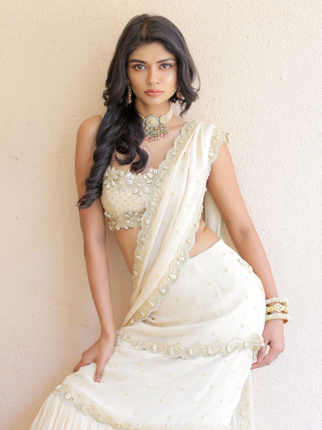 Cream Embroidered Mumtaz Saree Set