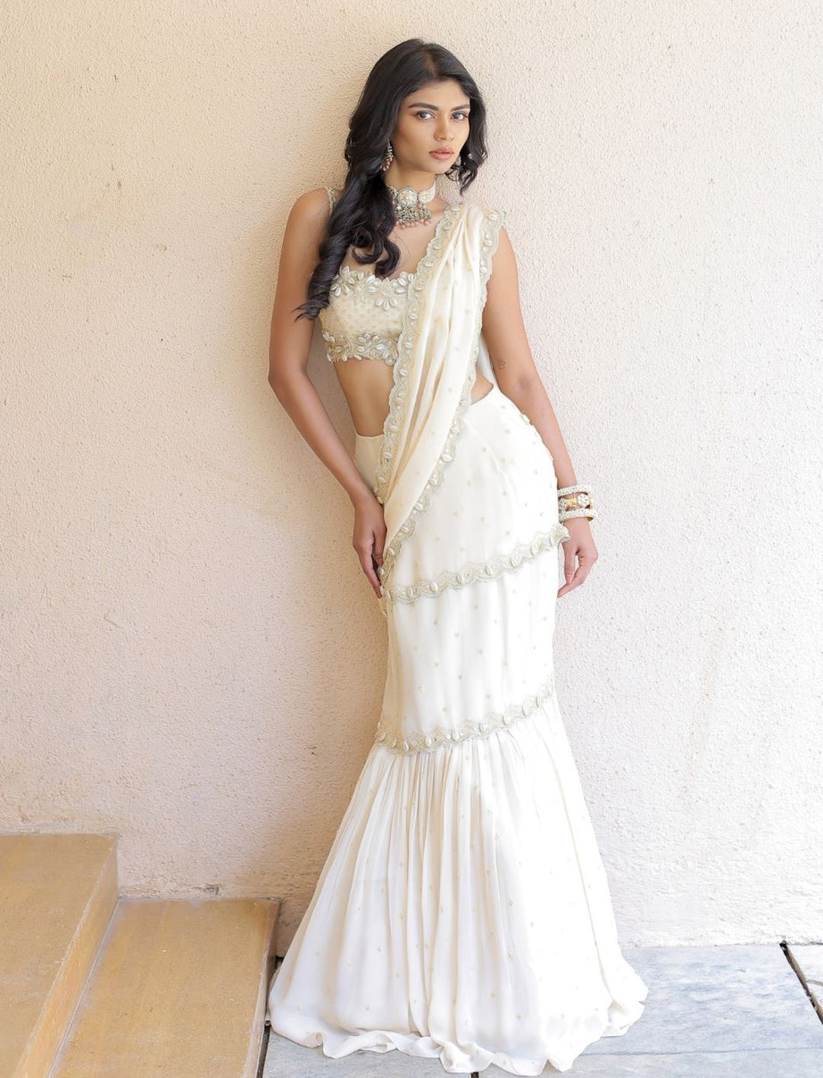 Cream Embroidered Mumtaz Saree Set