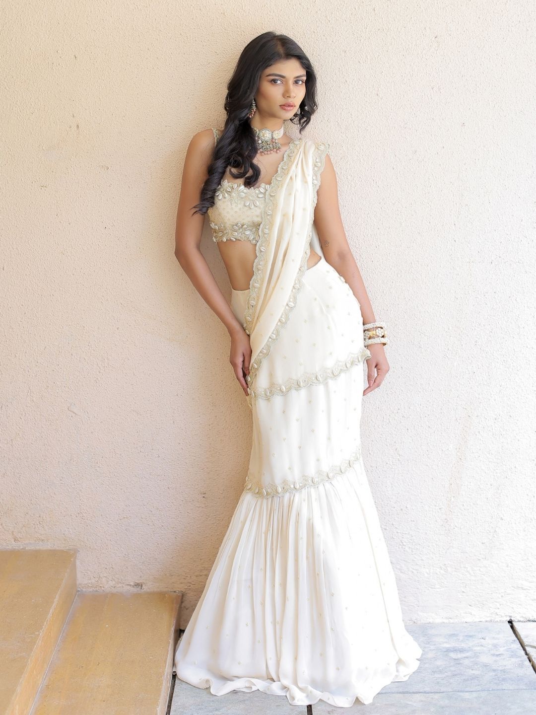 Cream Embroidered Mumtaz Saree Set