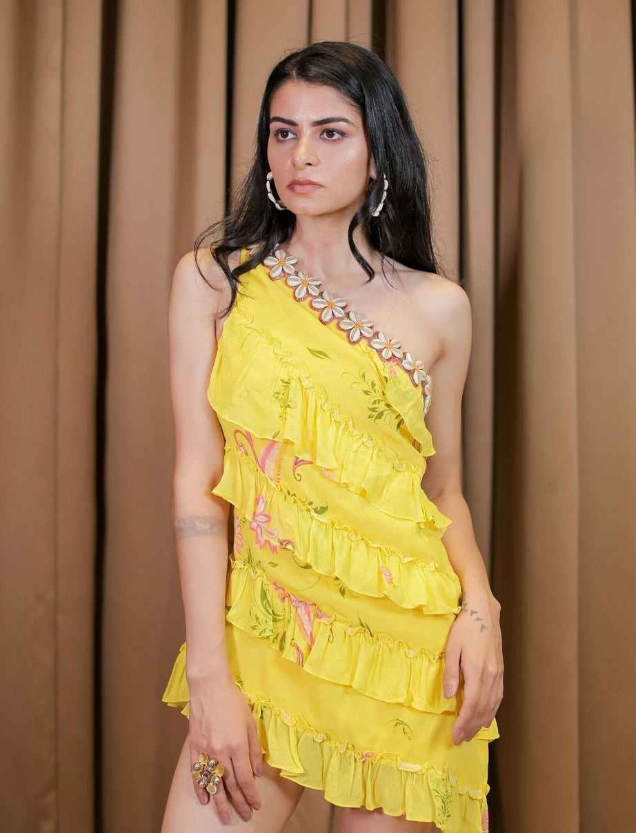Yellow  Embroidered One Shoulder Ruffle Dress