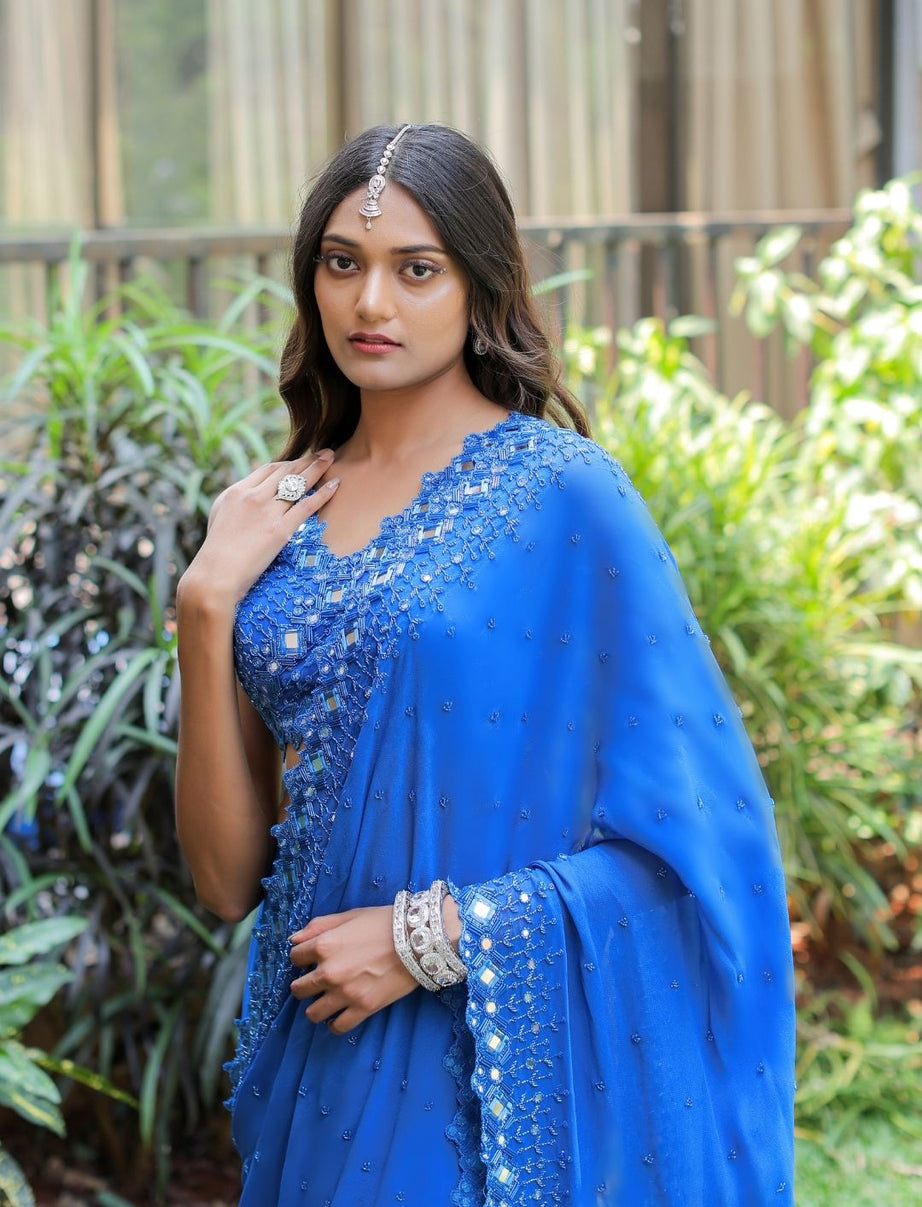 Blue Embroidered Mumtaz Saree Set (S)
