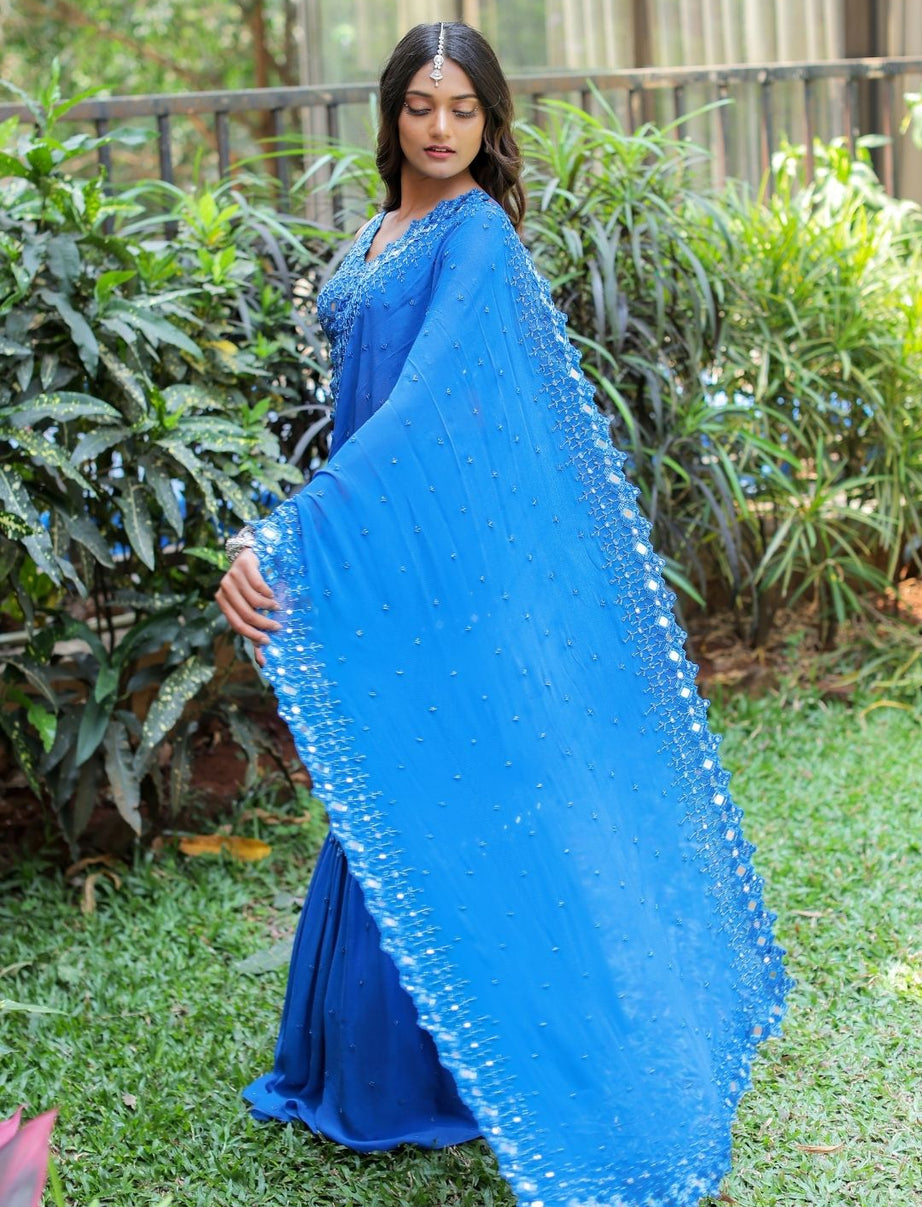 Blue Embroidered Mumtaz Saree Set
