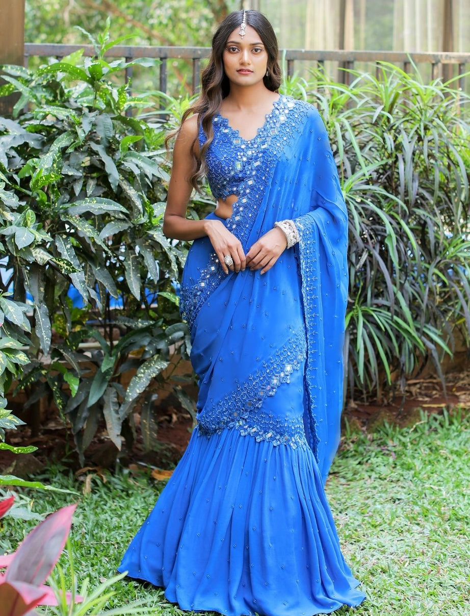 Blue Embroidered Mumtaz Saree Set