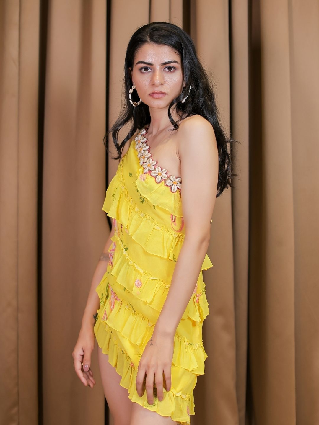 Yellow  Embroidered One Shoulder Ruffle Dress