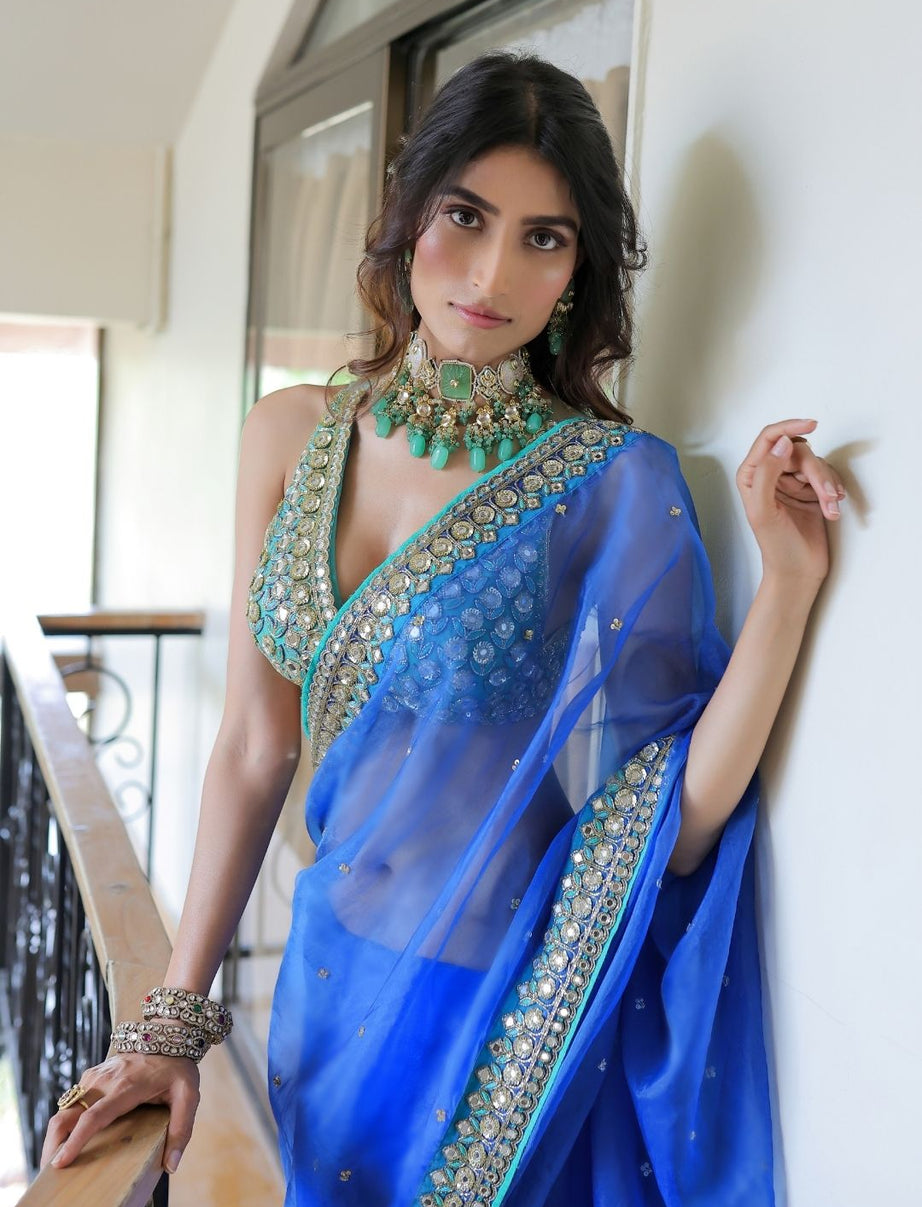 Blue Embroidered Organza Saree Set
