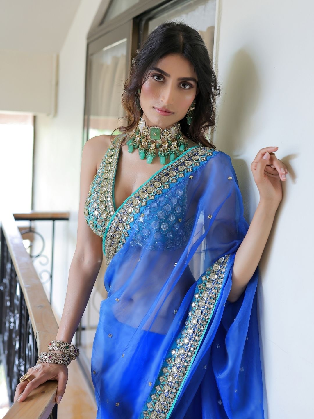 Blue Embroidered Organza Saree Set