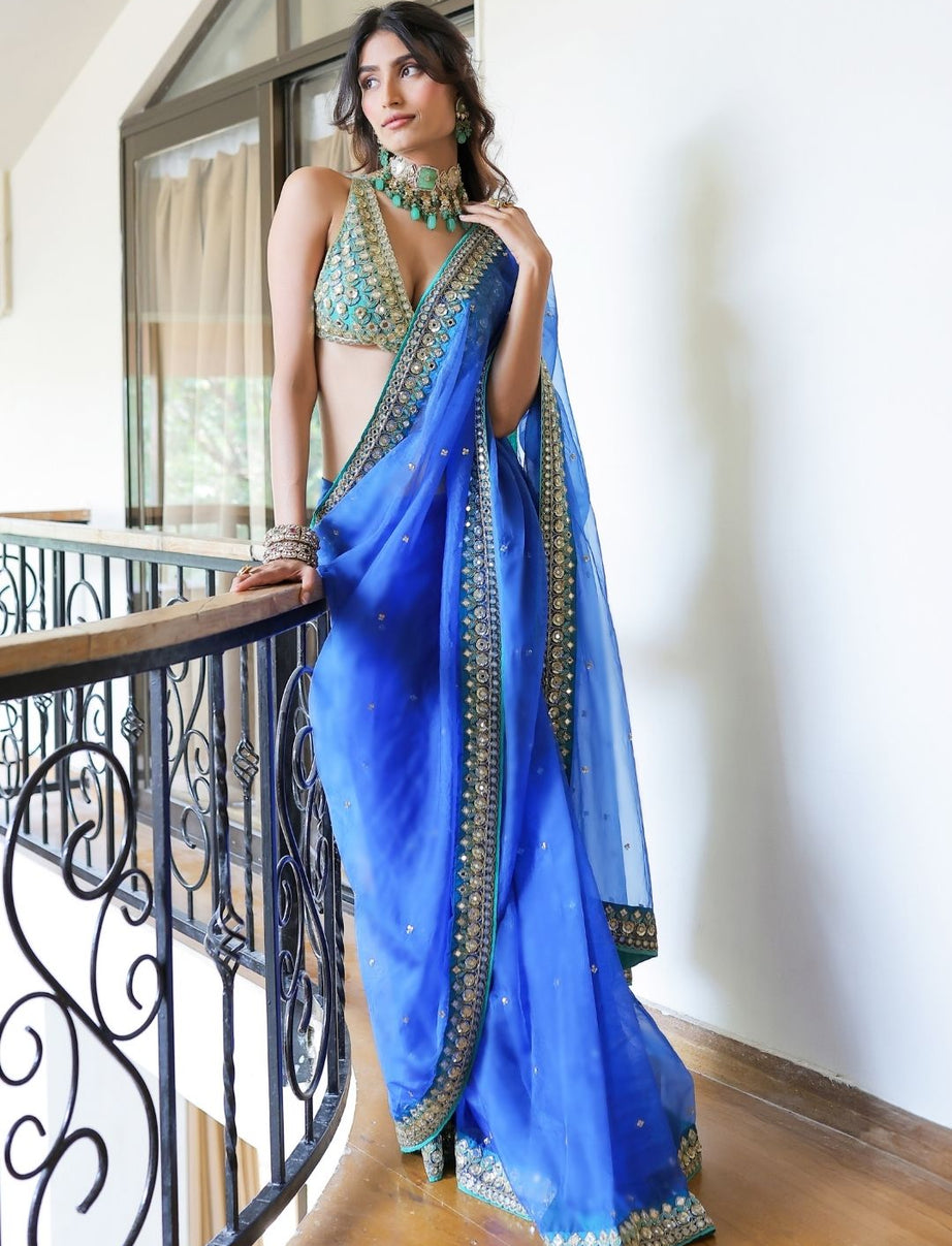 Blue Embroidered Organza Saree Set