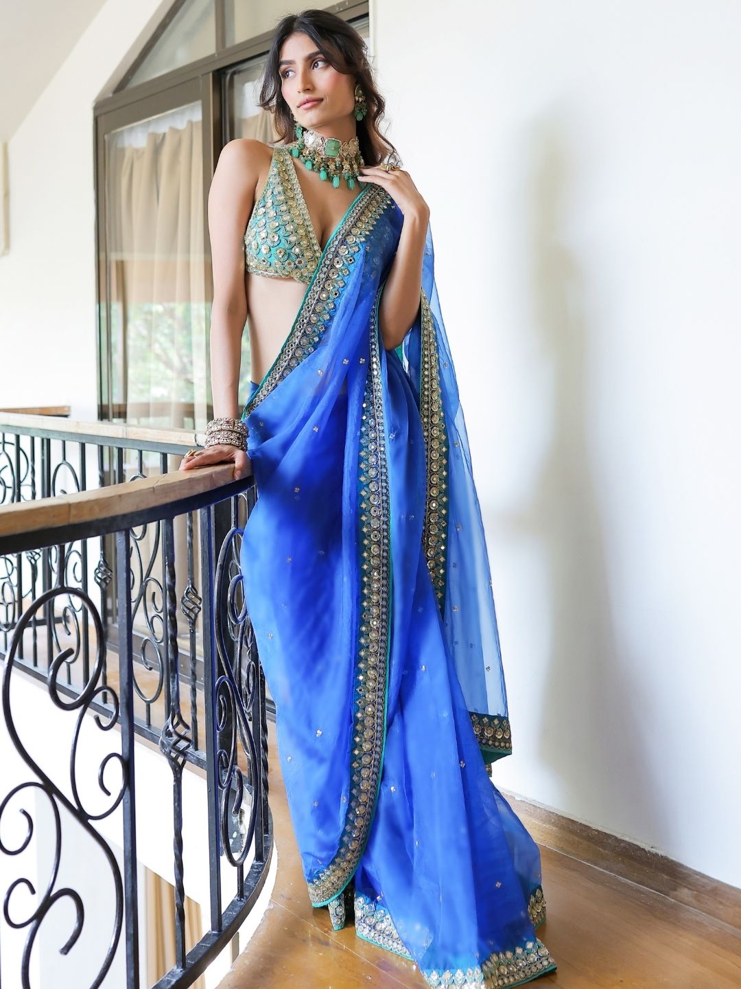 Blue Embroidered Organza Saree Set