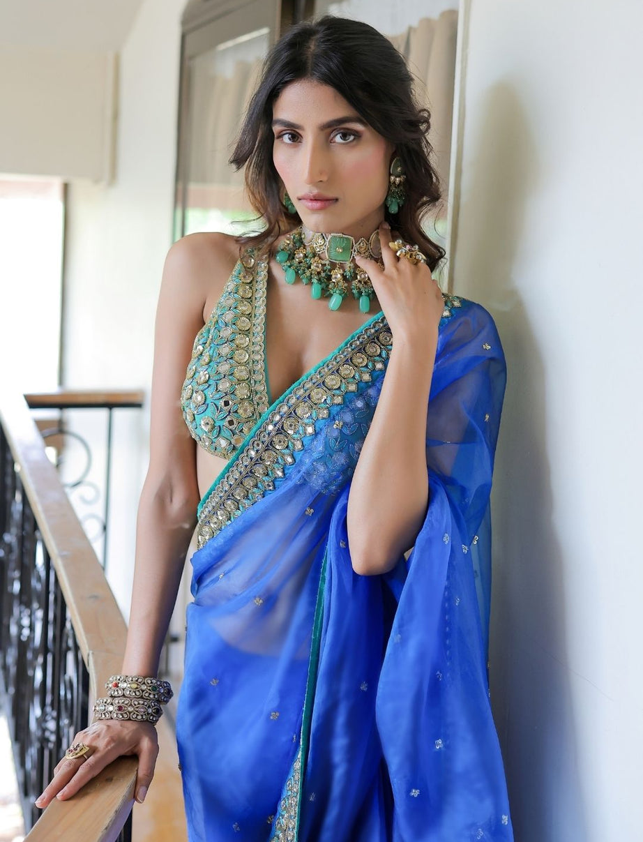 Blue Embroidered Organza Saree Set