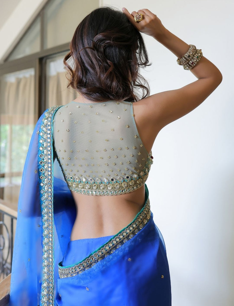 Blue Embroidered Organza Saree Set