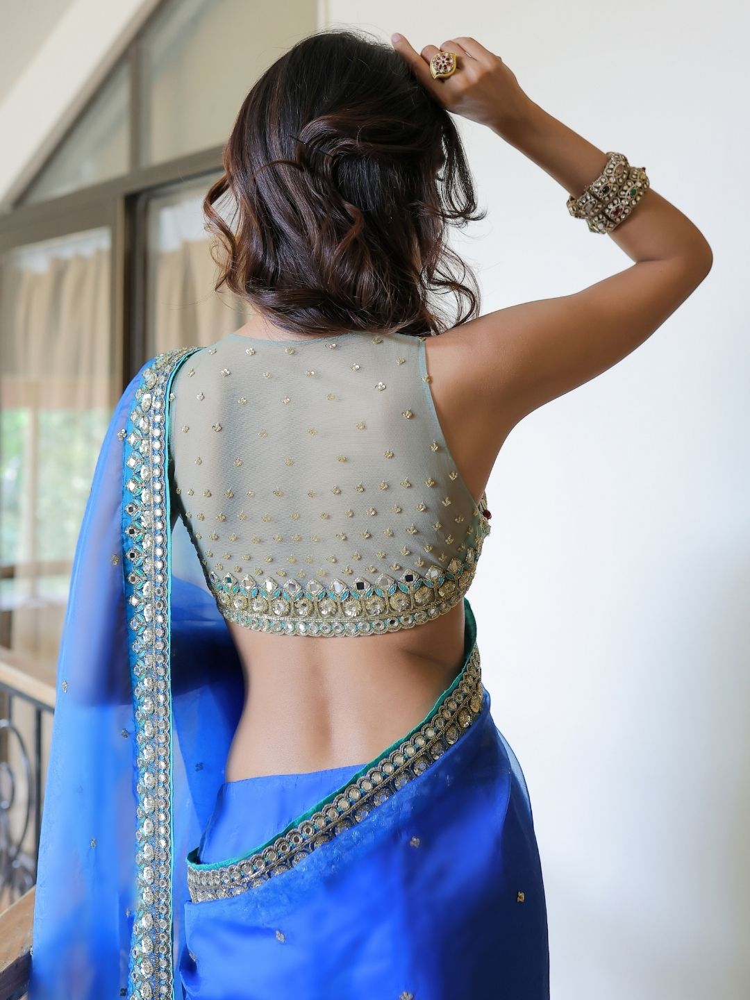 Blue Embroidered Organza Saree Set