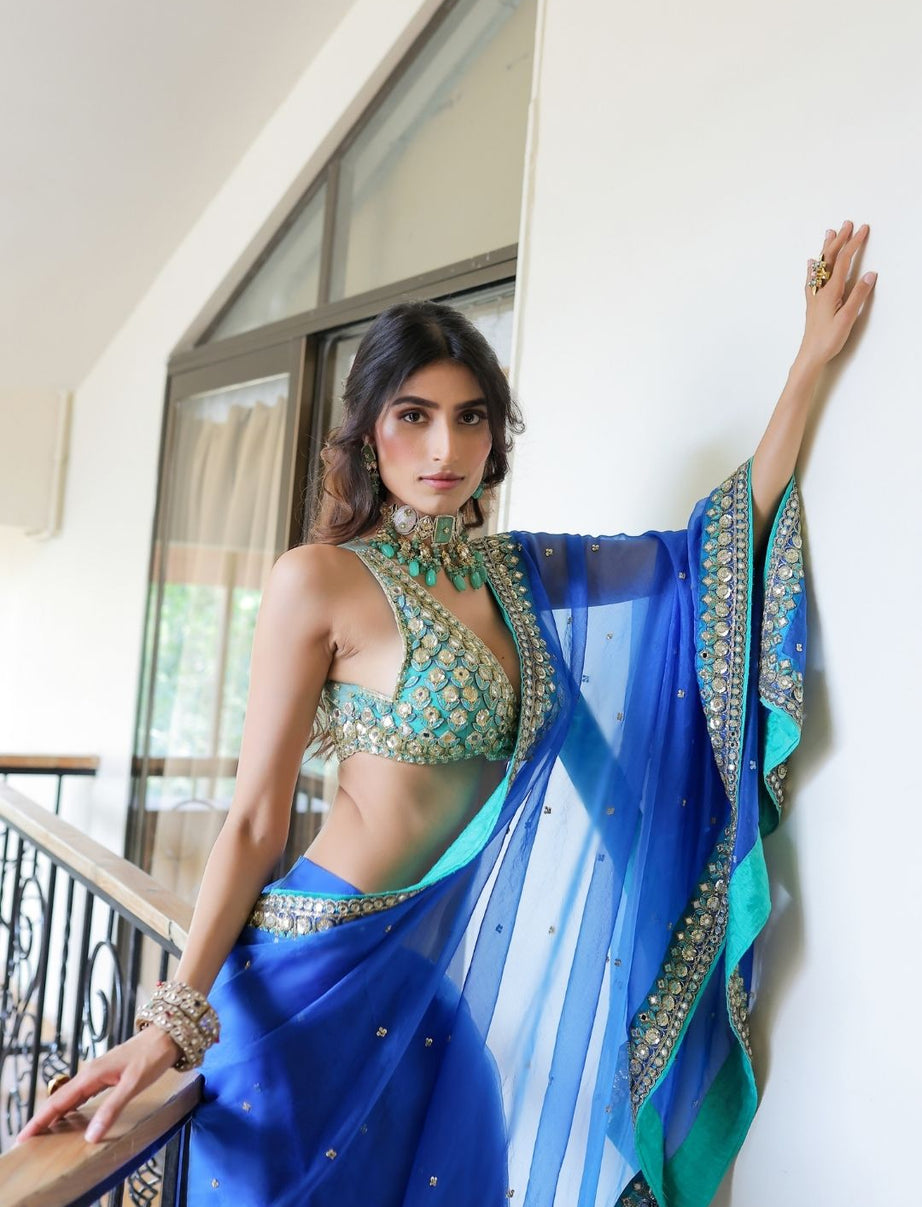 Blue Embroidered Organza Saree Set