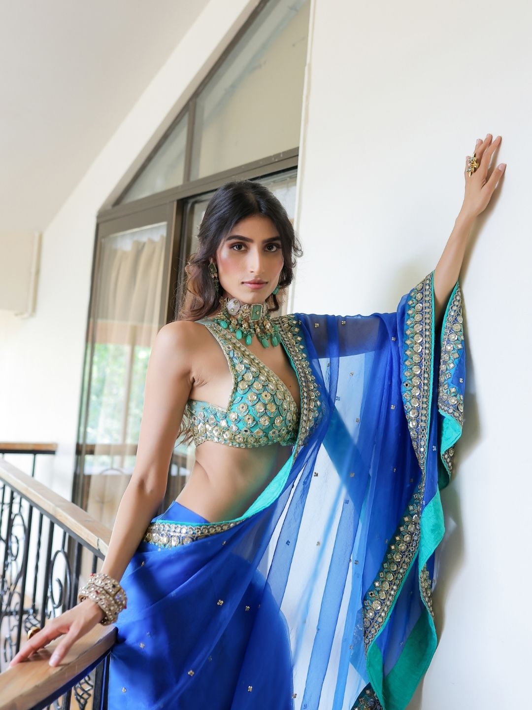 Blue Embroidered Organza Saree Set