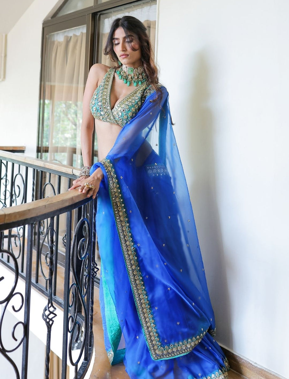 Blue Embroidered Organza Saree Set