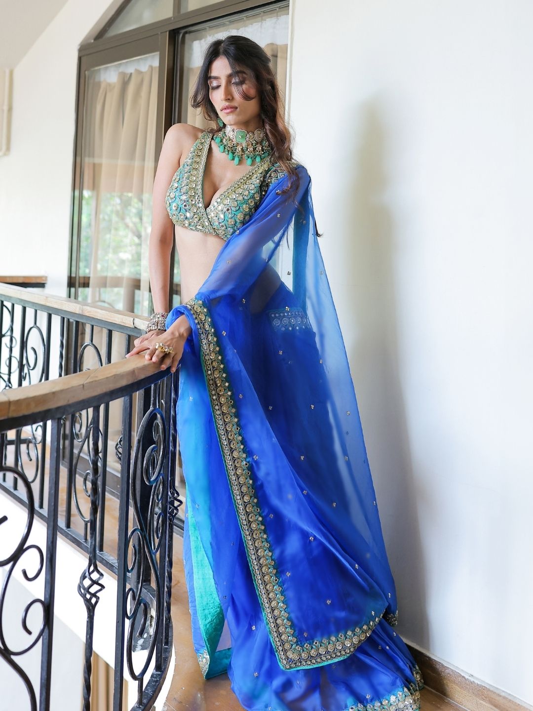 Blue Embroidered Organza Saree Set