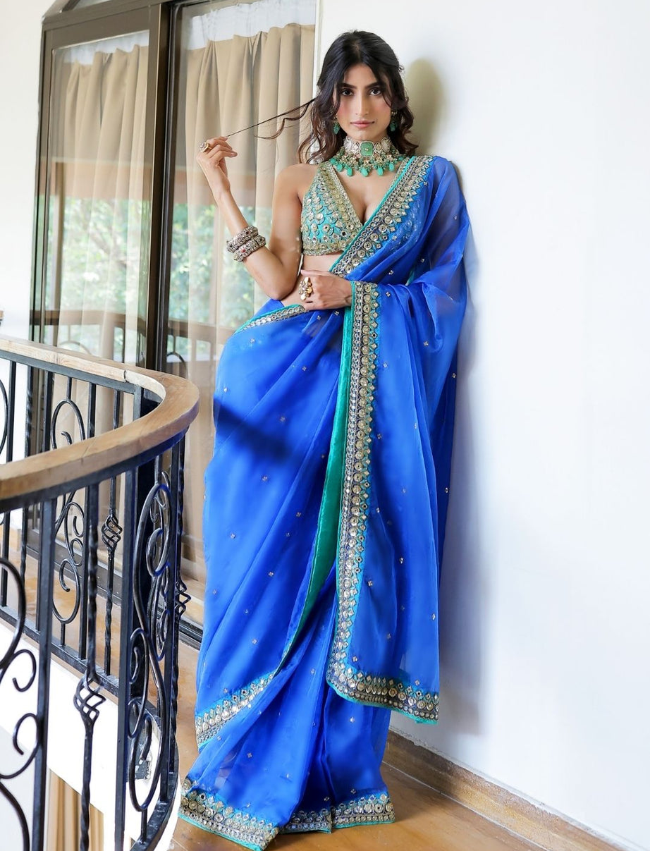Blue Embroidered Organza Saree Set