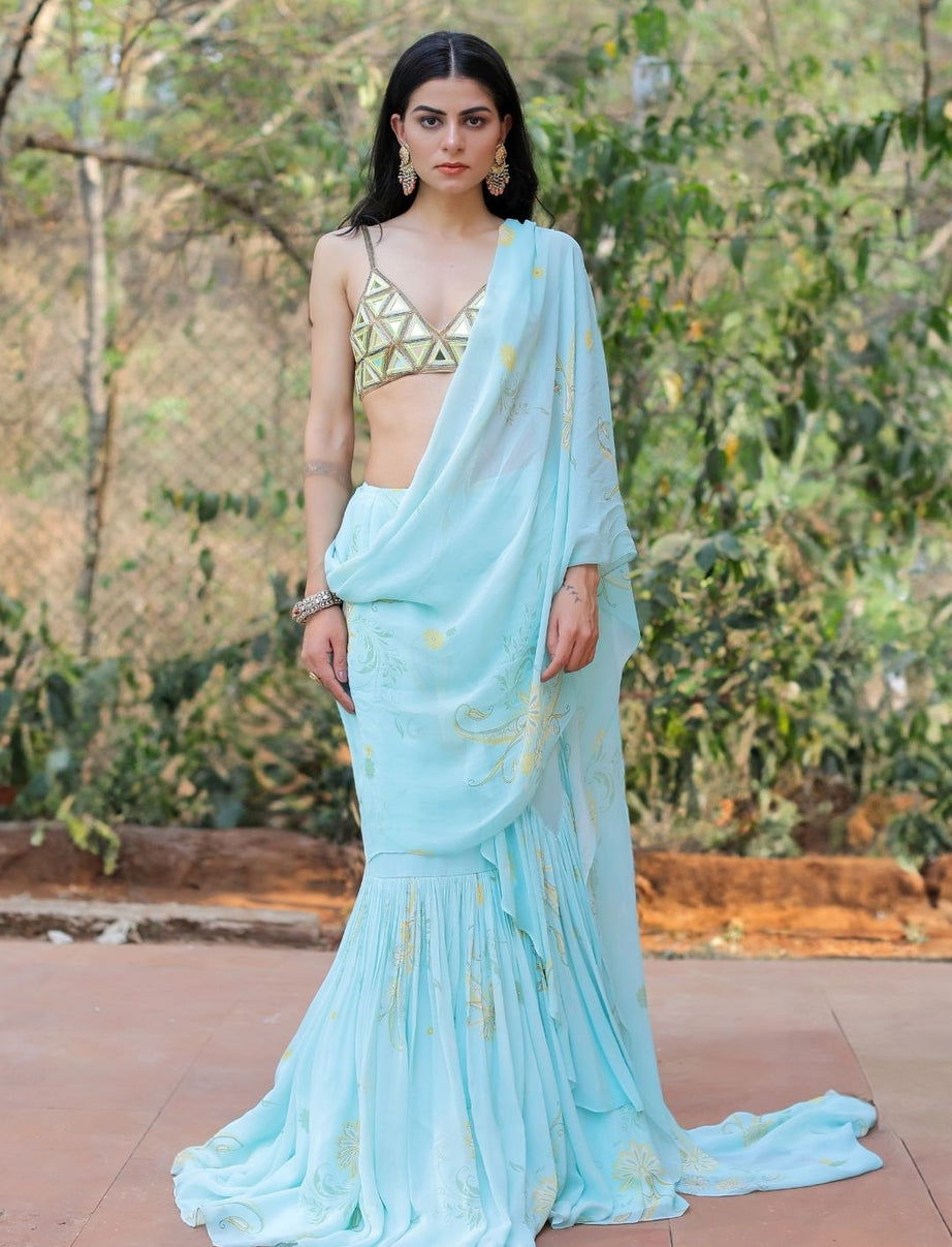 Blue Printed Ruffle Saree Set (Offer)
