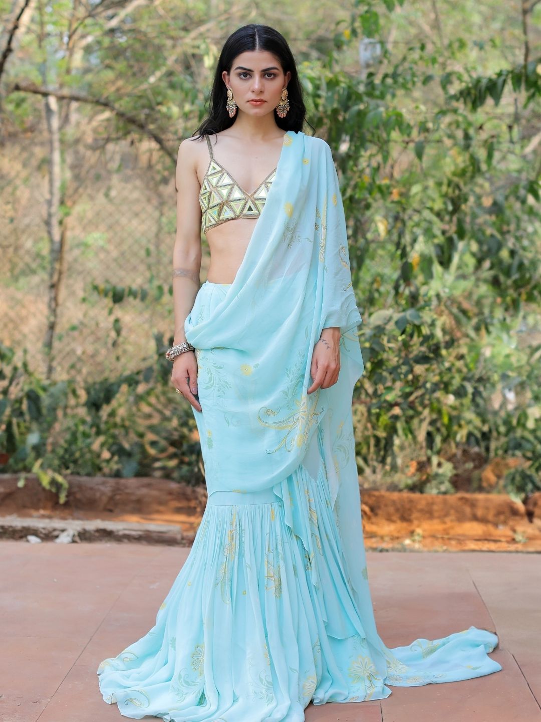 Blue Printed Ruffle Saree Set