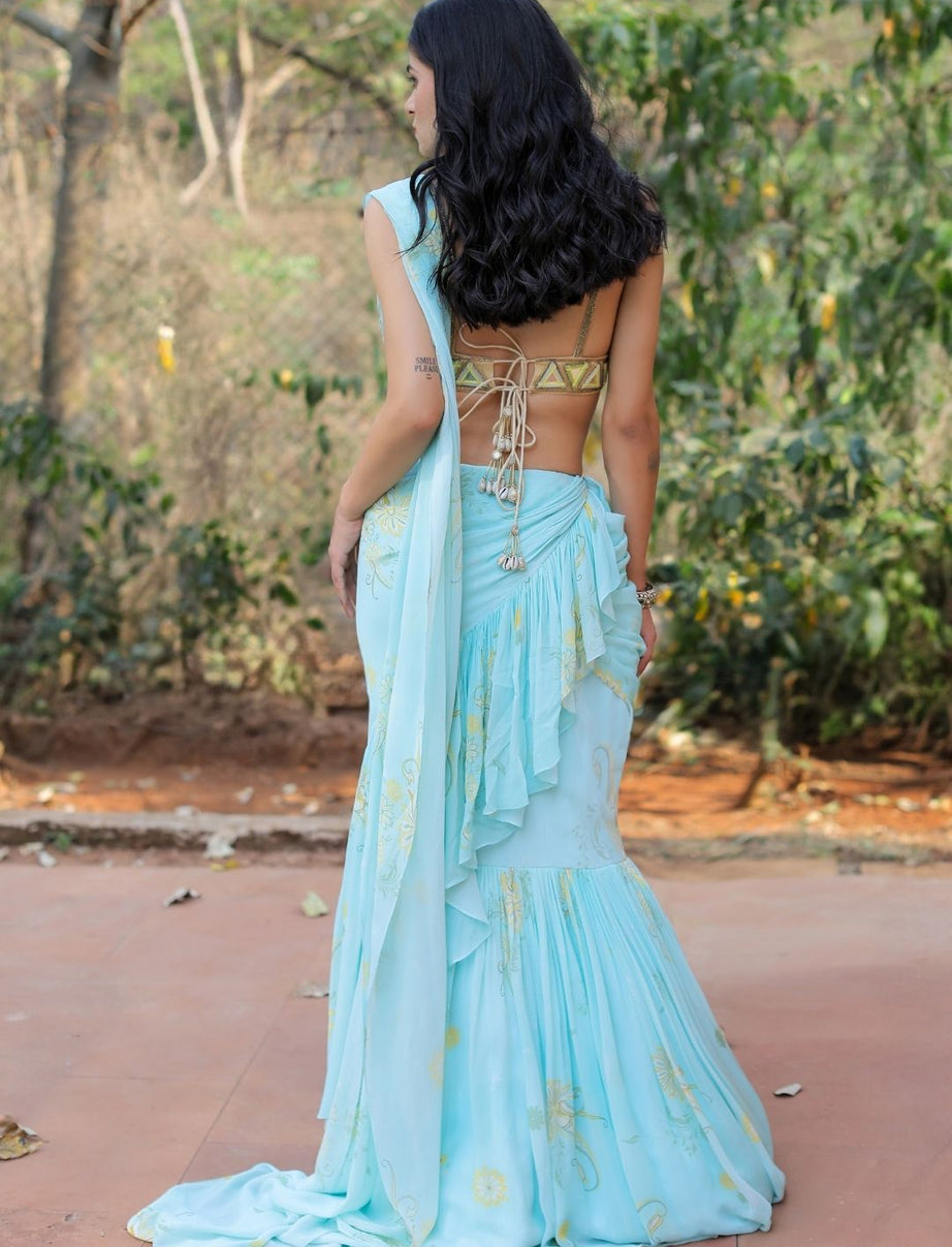 Blue Printed Ruffle Saree Set