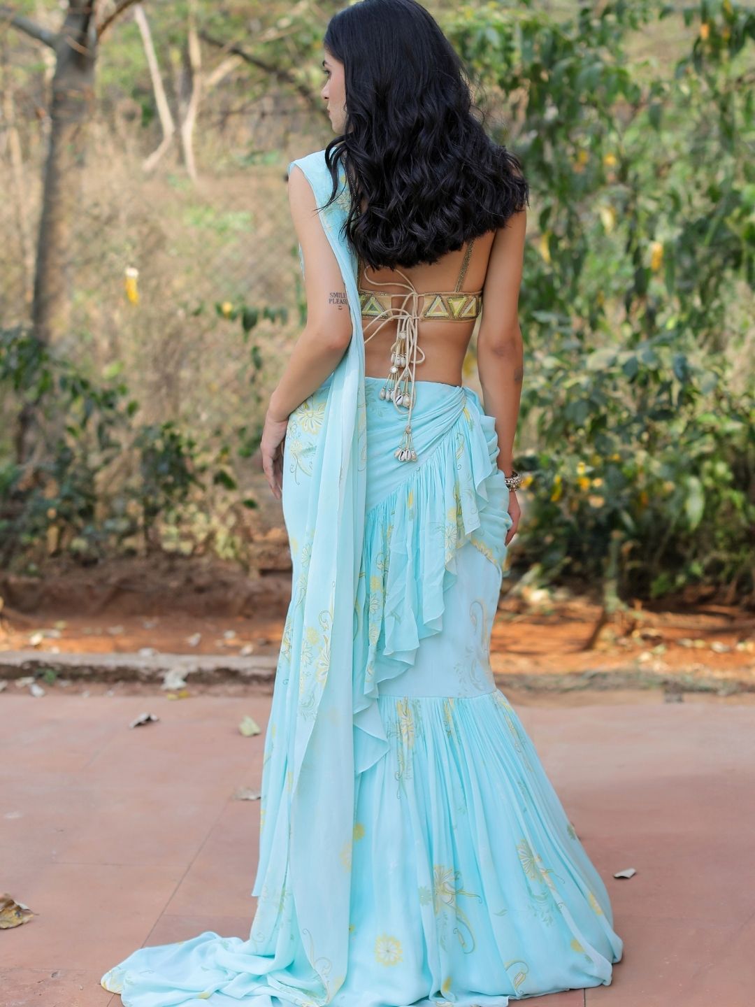 Blue Printed Ruffle Saree Set
