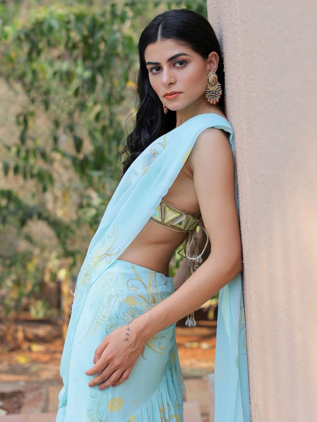 Blue Printed Ruffle Saree Set