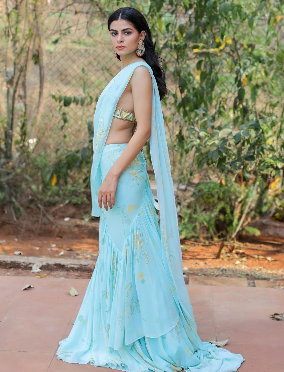Blue Printed Ruffle Saree Set