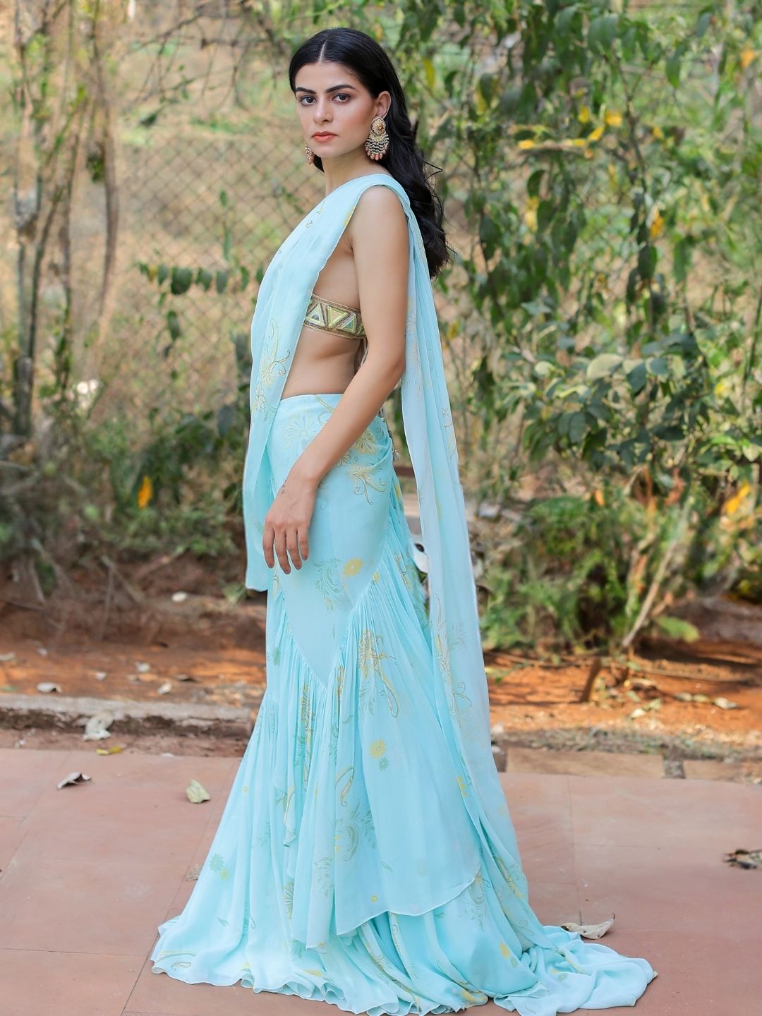 Blue Printed Ruffle Saree Set