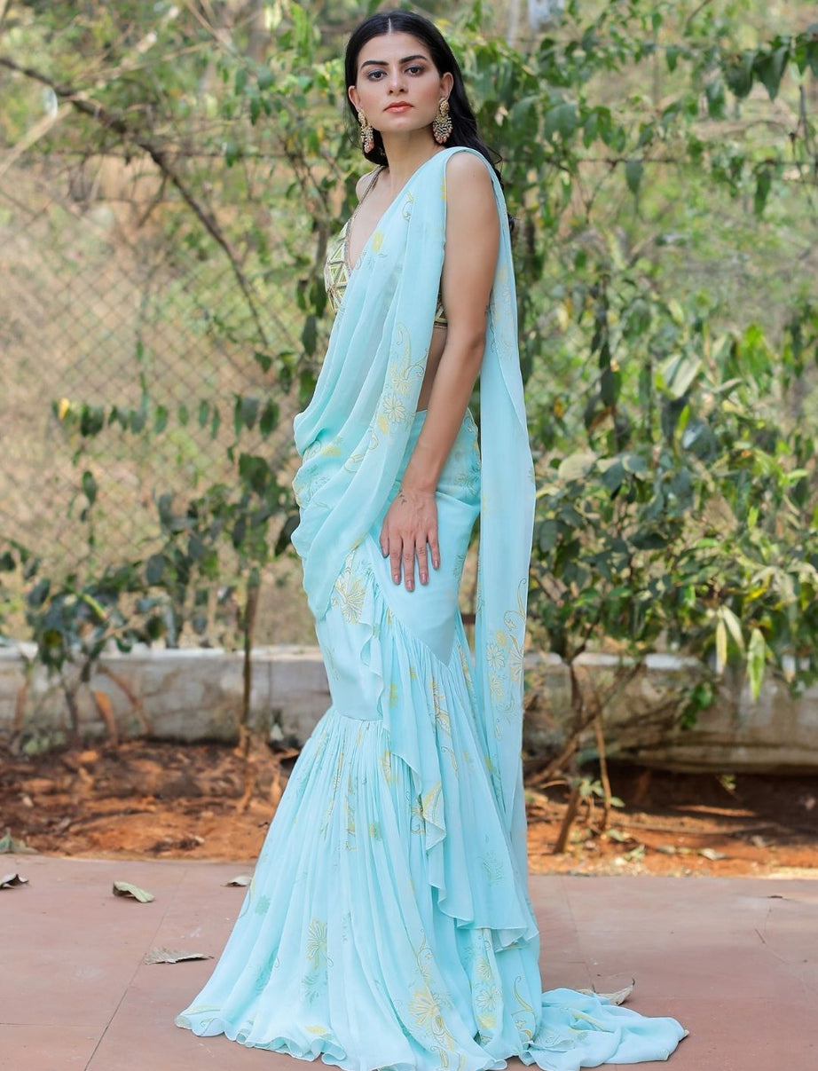 Blue Printed Ruffle Saree Set