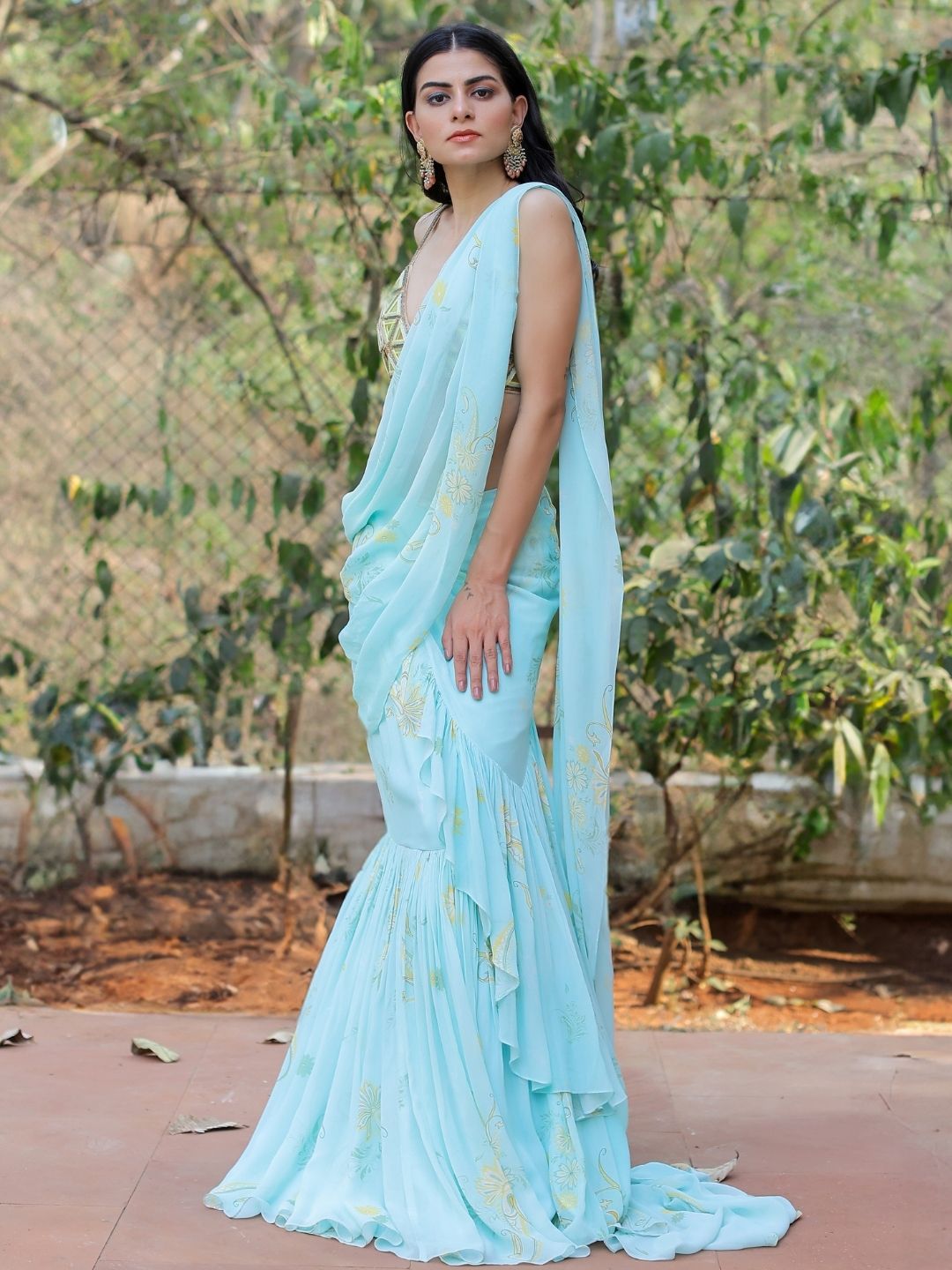 Blue Printed Ruffle Saree Set