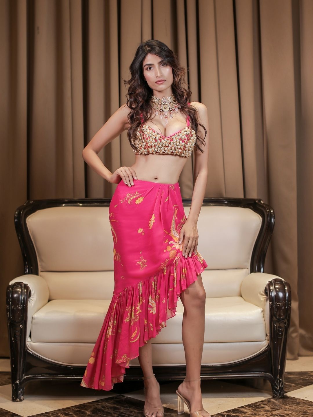 Pink Cowrie Embroidered Bralette Skirt Set